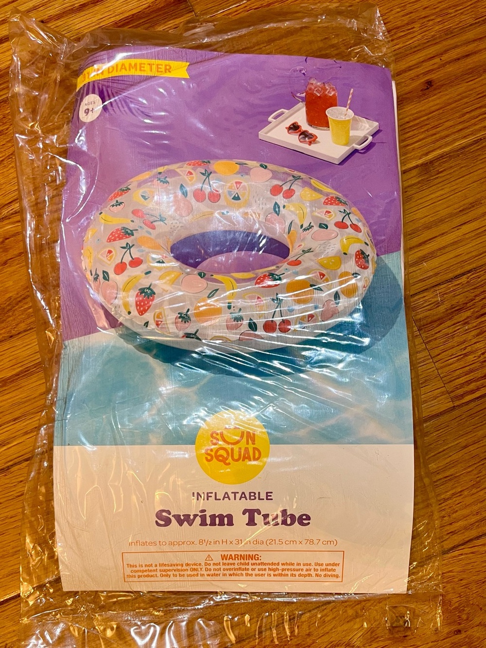 NWT! Sun Squad Inflatable Swim Tube - Fruit Print 31” Diameter